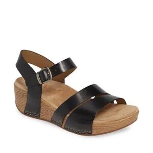 Dansko Black Leather Strappy Wedge Sandals